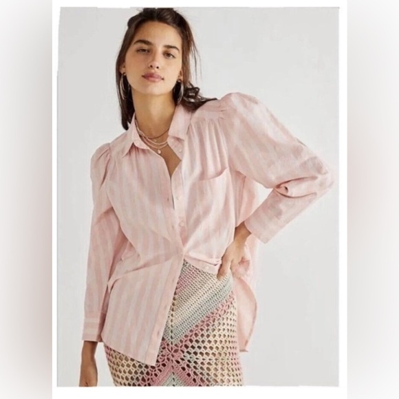 Free People Elisha blouse button down blue & white - Picture 2 of 6